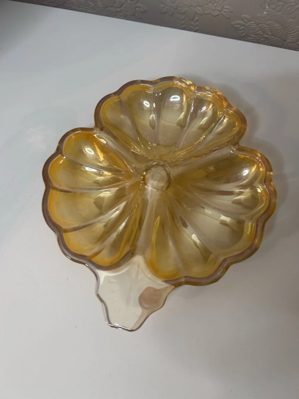 Vintage Marigold Carnival Glass Flower Dish: Iridescent Trinket Candy Dish - Picture 2 of 4